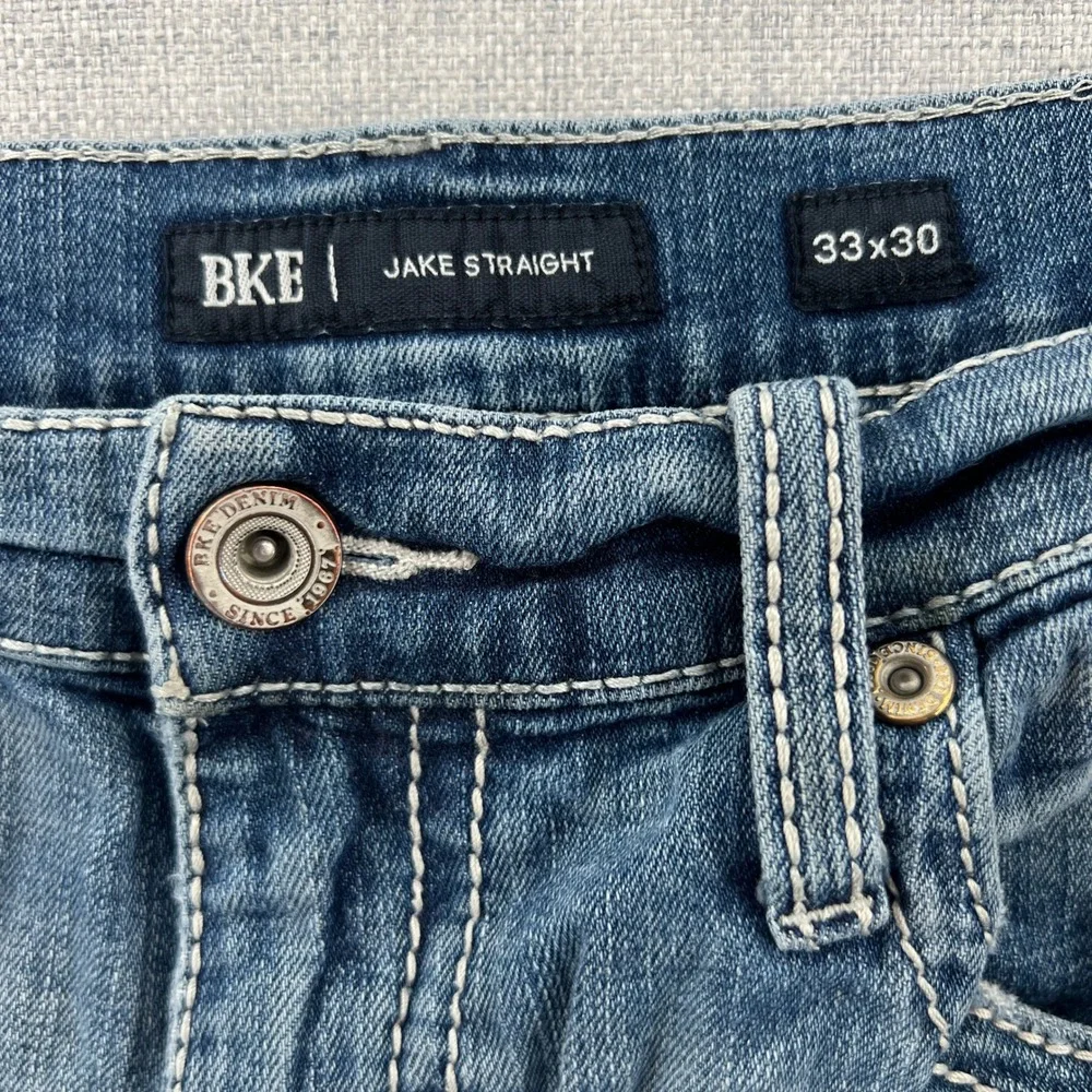 BKE Jake Straight Mens Jeans 33x30 (fit 32x29) Blue Medium Wash Distressed Y2K